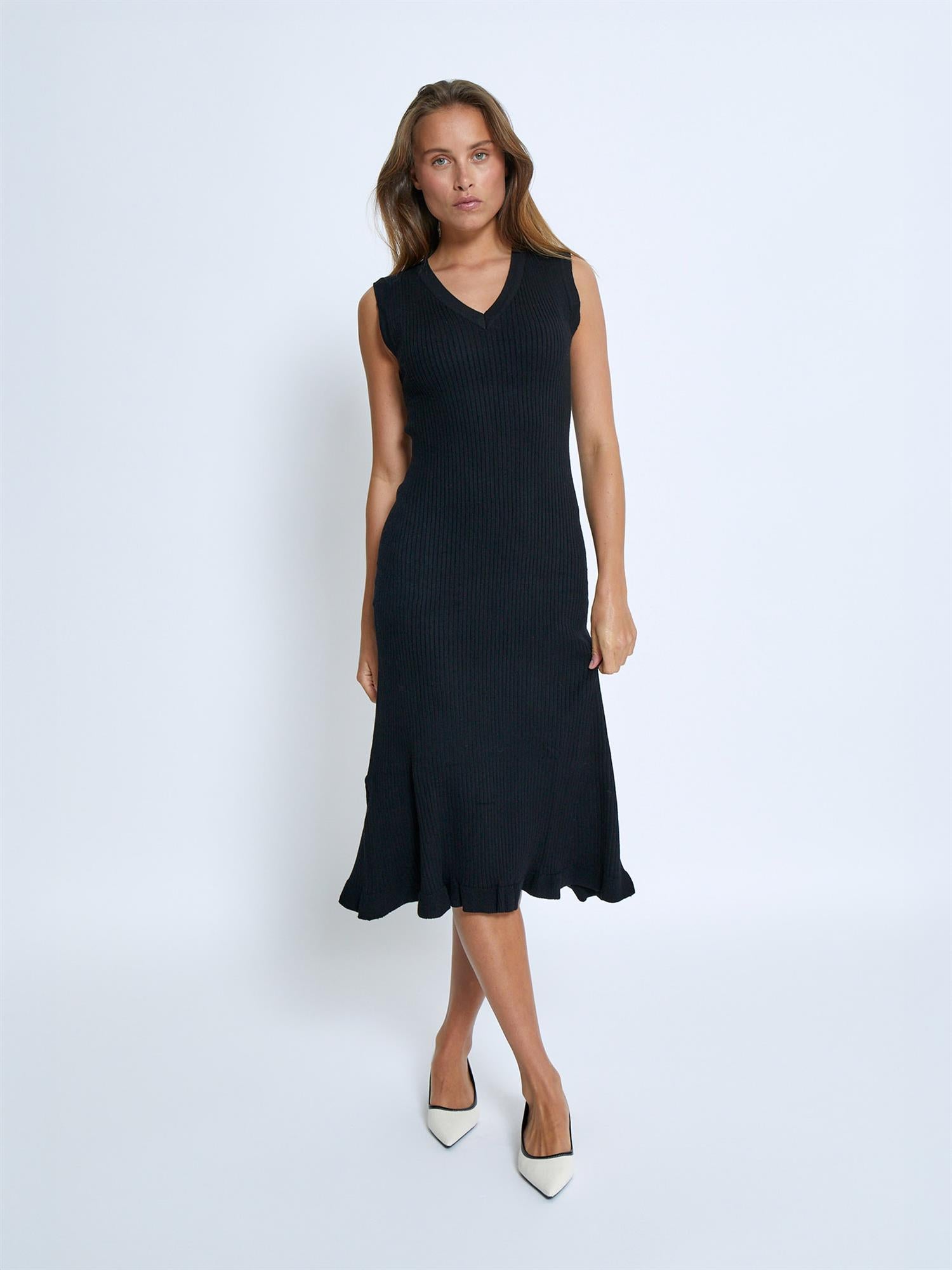 Aneli V-neck Rib Midi Knit Dress - Black